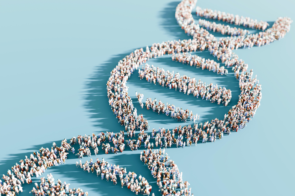 DNA double helix structure composed of human figures on a blue background with copy space. Public health and population genetics concept - stock photo&nbsp;